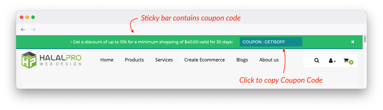 sticky bar contain coupon code